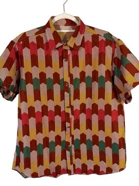 Colorful Geometric Print Men's Casual Button Down Shirt Size L Festival Retro